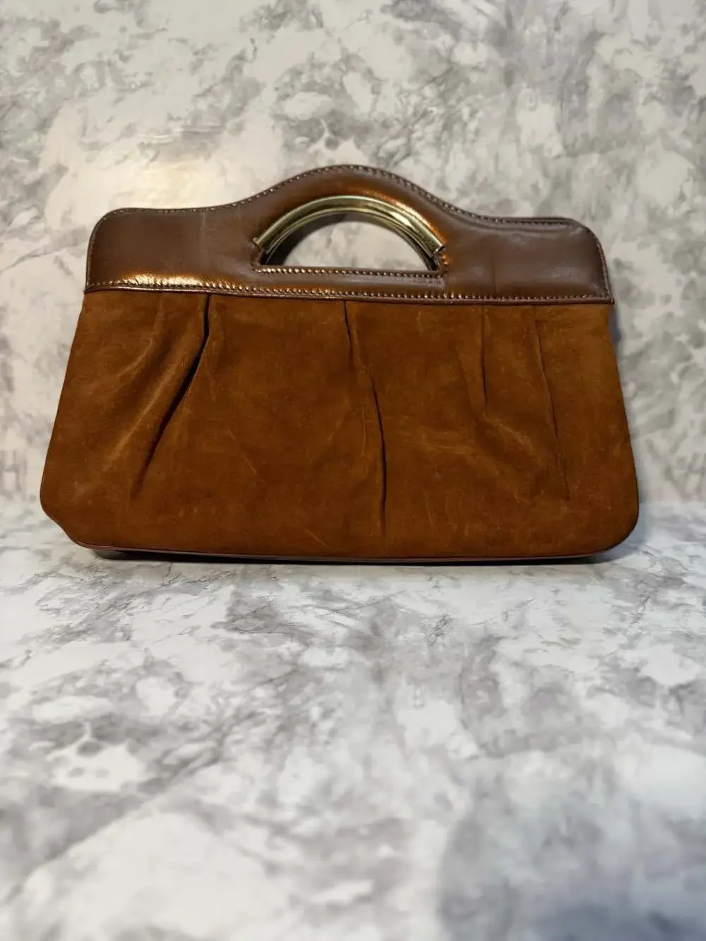 Vintage Brown Suede and Leather Clutch with Gold Metallic Top‎ Handle